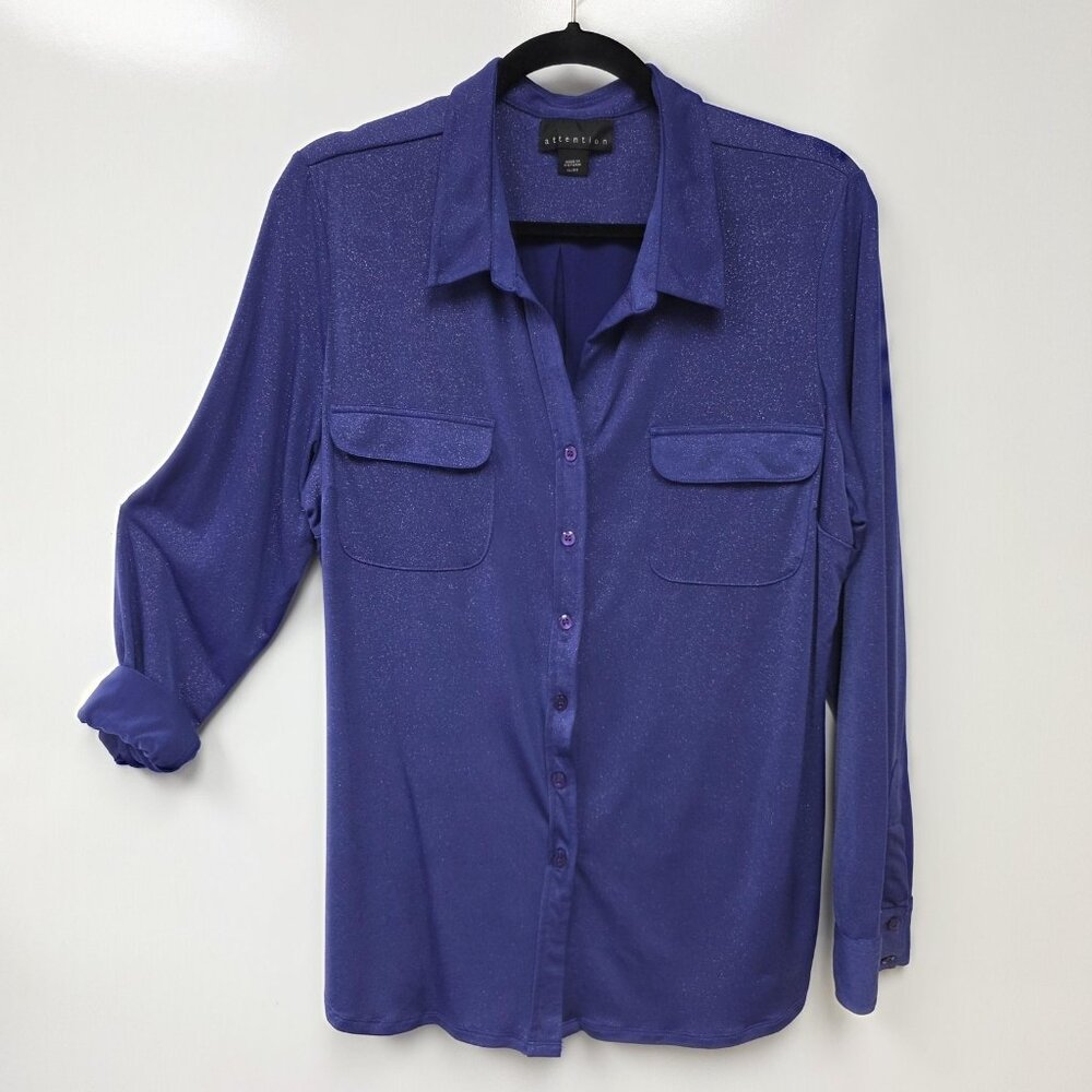 Attention Shirt Womens XL Purple Glitter Button Front Long Sleeve Stretch Top